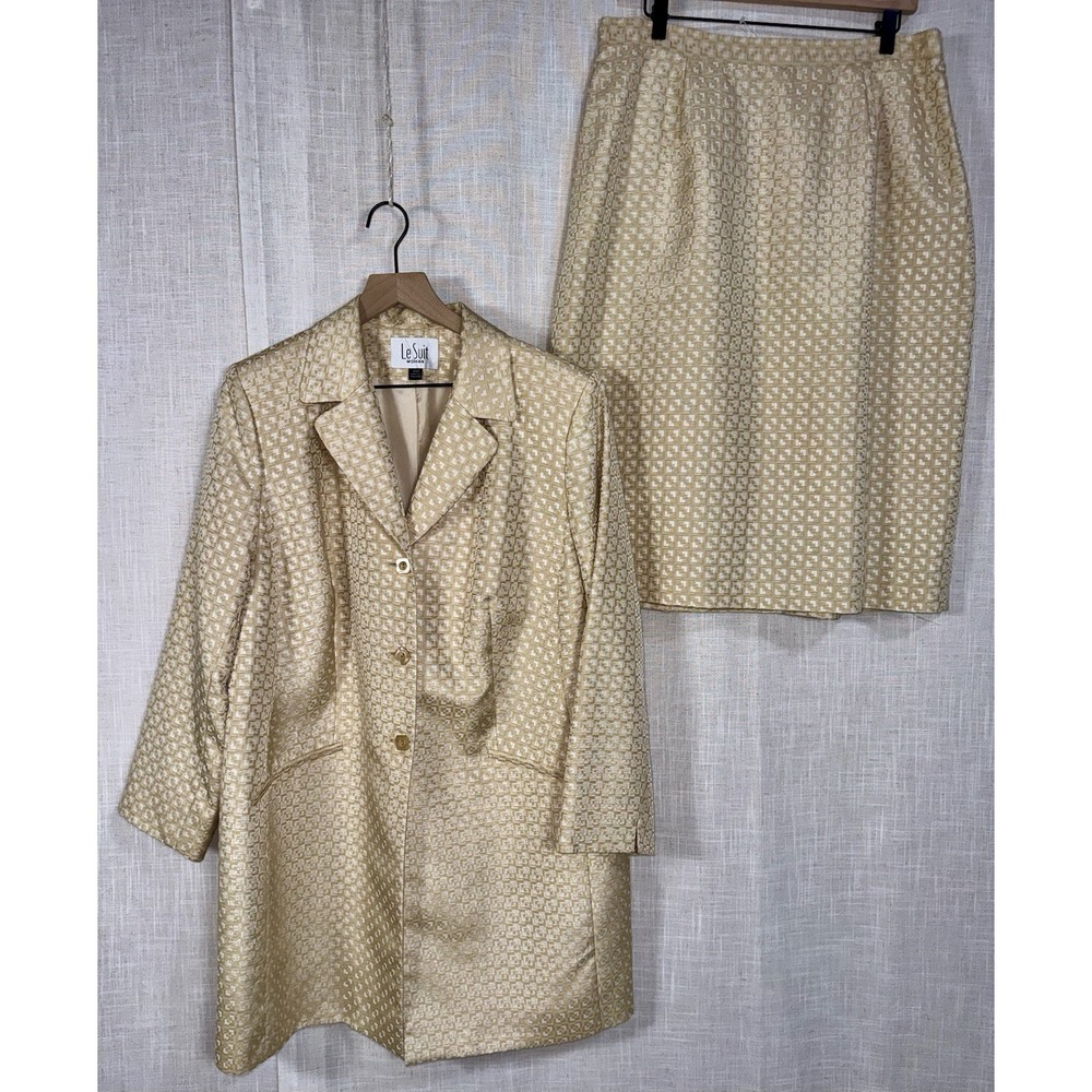Le Suit Gold Jacquard 2 Piece Skirt Long Blazer Suit Set Women's Sz 16 Career